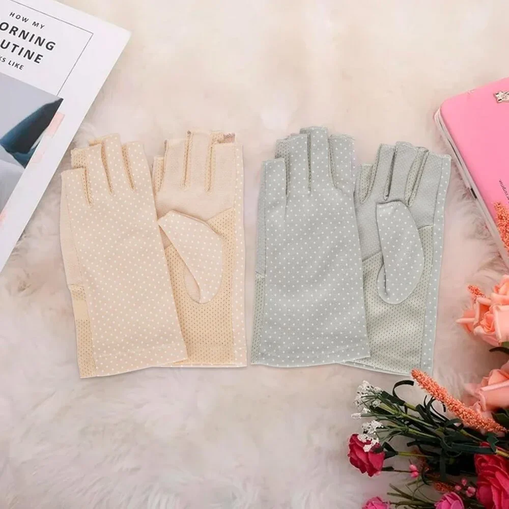 Women's Protection Outdoor Fingerless Beige Blue Gloves Silicone Print